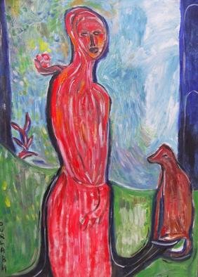 Durlabh Singh; Lady With Dog, 2013, Original Painting Oil, 24 x 36 inches. Artwork description: 241  Lady with a dog in vivid colours. Contemporary painting, innovative, figurative, expressive, landscape, animals, mustic.  ...