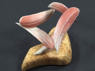 Debra Zelenak; Flamingo Flight, 2009, Original Sculpture Wood, 4 x 4 inches. Artwork description: 241    bird, birds, stylized, sculpture, feathers, nature, woodcarving        ...