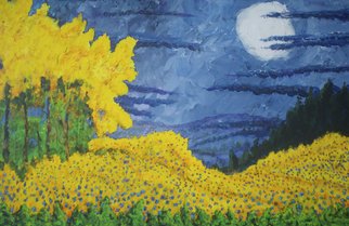 Richard Wynne; Untitled Landscape, 2015, Original Painting Other, 36 x 24 inches. Artwork description: 241  aspens, wild flowers, moon, landscape, clouds, bright, night, pine trees, mountains, plein air, blue, purple, yellow, green, night scene, nature, arizona, full moon, dark, untitledDone on trip from Grand Canyon to Sedona Arizona. A full moon contrasts with the bright colors of the aspens and bright ...