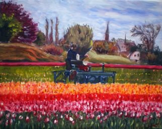 Elena Sokolova; Spring In Holland, 2015, Original Painting Oil, 50 x 40 cm. Artwork description: 241  Landscape with a man working at tulips field ...