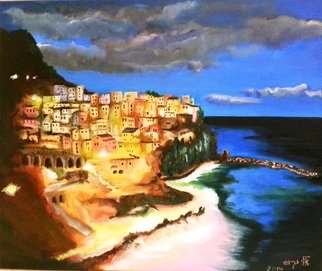 Eli Gross; Manarola Cinque Terre, Italy, 2014, Original Painting Oil, 50 x 60 cm. Artwork description: 241  Manarola Cinque Terre, Italy at night ...