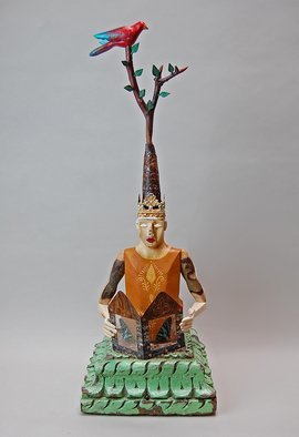 Elizabeth Frank; Butterfly Stories, 2018, Original Sculpture Mixed, 9 x 26 inches. Artwork description: 241 This figure is carved form fallen aspen branches.  It sits on a base made from an antique corbel from India.  Atop the head is a crown of tin with a twig holding carved leaves and a bird.  The figure holds a book made by the artist from ...