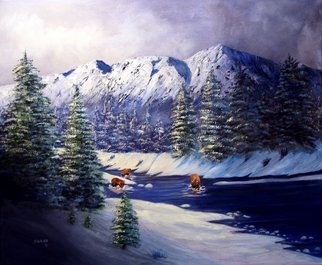 Ellen E Hinson; FISHING, 2007, Original Painting Oil, 24 x 18 inches. Artwork description: 241 This is an original oil painting of three bears that have wakened after a spring snow and are very hungry. Thus they are fishing in a cold mountain stream. The sun is shining through the clouds highlighting the bears. ...
