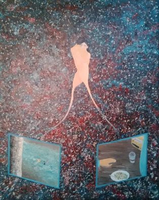 Eduardo Poblador; Across He Universe, 2016, Original Painting Oil, 40 x 50 cm. Artwork description: 241  a couple meeting across the universe, galaxy, birds, humming, impressionism, woman, man, naked, nude, passionate, love, abstract ...