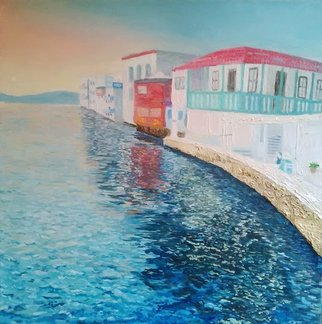 Eduardo Poblador; Breakfast , 2016, Original Painting Oil, 40 x 40 cm. Artwork description: 241  sea, house, town, sky, sun, sunrise, morning, landscape, couple ...