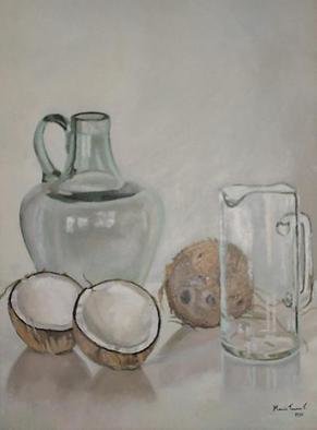 Maria Teresa Fernandes; Coconuts And Amphora, 1980, Original Painting Oil, 1 x 22 inches. Artwork description: 241  cavities in white coconuts plus volume in convex transparent glass seams impossible,but worth trying   glass against a clear background is a big challenge to any painter                      ...