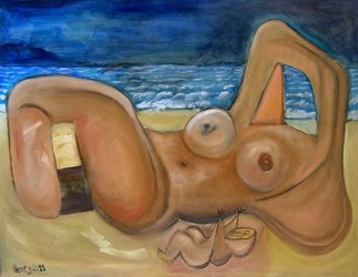 Eric Henty; Nude Woman On The Beach W..., 2011, Original Painting Oil, 30 x 40 inches. Artwork description: 241  A surrealistic work featuring a large monumental sculptural nude figure of a woman with arms draped behind her head in a relaxing manner. A window to the ocean and sky appears where a face would be expected adding interest to this piece.     ...