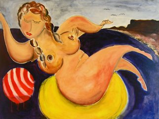 Eric Henty; Nude Woman Playing With B..., 2011, Original Painting Oil, 30 x 40 inches. Artwork description: 241  A bright, joyful painting of a pensive introspective woman playing with a beach ball.  ...