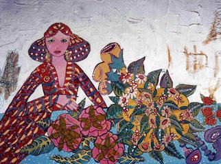 Ellen Safra; Lady And Flowers, 2003, Original Painting Acrylic, 28 x 22 inches. Artwork description: 241 Acrylic on canvas. Mounted...