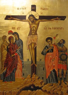 Evangelos Tzavaras; Crucifixion , 2000, Original Other, 70 x 100 cm. Artwork description: 241  This is a traditionaly made byzantine  religious icon. Egg tempera on wood with golden leaves.    ...