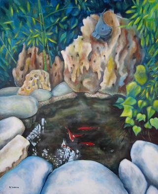 Evangelos Tzavaras; Life In The Goldfish Pond, 2014, Original Painting Acrylic, 120 x 150 cm. Artwork description: 241  Before two years i built a small goldfish pond in my backyard. The noice of the water, the bamboo trees, the beautifull colors of the goldfishes and the leaves around the pond provide a very relaxing environment in the middle of the city. Then i thought that ...