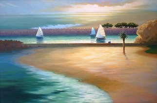 Eve Thompson; Sailing Out Newport Harbor, 2015, Original Painting Oil, 36 x 24 inches. Artwork description: 241 This a large oil painting 24 x 36 canvas size, but framed in the dark brown frame it is 42 x 30. This a view in the winter season with few people on the beach there in Corona del Mar, CA. I was trying to capture the ...