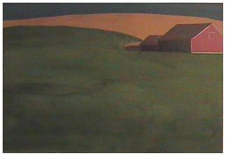 John Fields; Field, 2001, Original Painting Oil, 36 x 24 inches. Artwork description: 241 Isolated barn and out- buildings on a green hillside back- dropped by amber fields with blue sky. ...