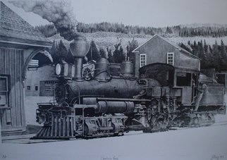 Bob Filbey; Spanking Fury, 1989, Original Printmaking Lithography, 29 x 20 inches. Artwork description: 241  Blue Lake Depot lumber # 7 locomotive steam engine    ...