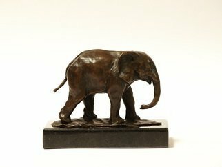 Heinrich Filter; Baby Elephant In Bronze, 2013, Original Sculpture Bronze, 12 x 9 cm. Artwork description: 241 Baby Elephant in Bronze on stone base.  Limited edition of 24.A baby elephant, adorable and clumsy, walking behind its mother.Created in support of World Elephant Day and a homage in bronze to new life and how all members of an elephant herd protect and nurture ...