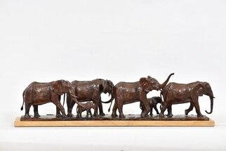 Heinrich Filter; Elephant Herd In Bronze, 2023, Original Sculpture Bronze, 61 x 17 cm. Artwork description: 241 Elephant Herd in bronze, Limited Edition of 10, bronze sculpture on sandstone baseSmall elephant herd of 4 cows and two claves.Inspired by many years in the bush spent in close study of my Africa s magnificent wildlife, my sculpture endeavours to pay tribute to Africa ...