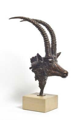 Heinrich Filter; Sable Antelope Bronze Bust, 2023, Original Sculpture Bronze, 47 x 71 cm. Artwork description: 241 Sable Bust in Bronze on Sandstone base, limited edition of 12It is hard to forget the first time you see the magnificent Sable antelope - the black shiny coat and those impressive and curved horns.Inspired by many years in the bush spent in close study of ...