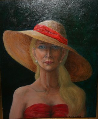 Frederick Kocen Jr; MAGGIE, 2012, Original Painting Oil, 18 x 24 inches. Artwork description: 241  Blond in red dress and large red Hat with a red sash. ...