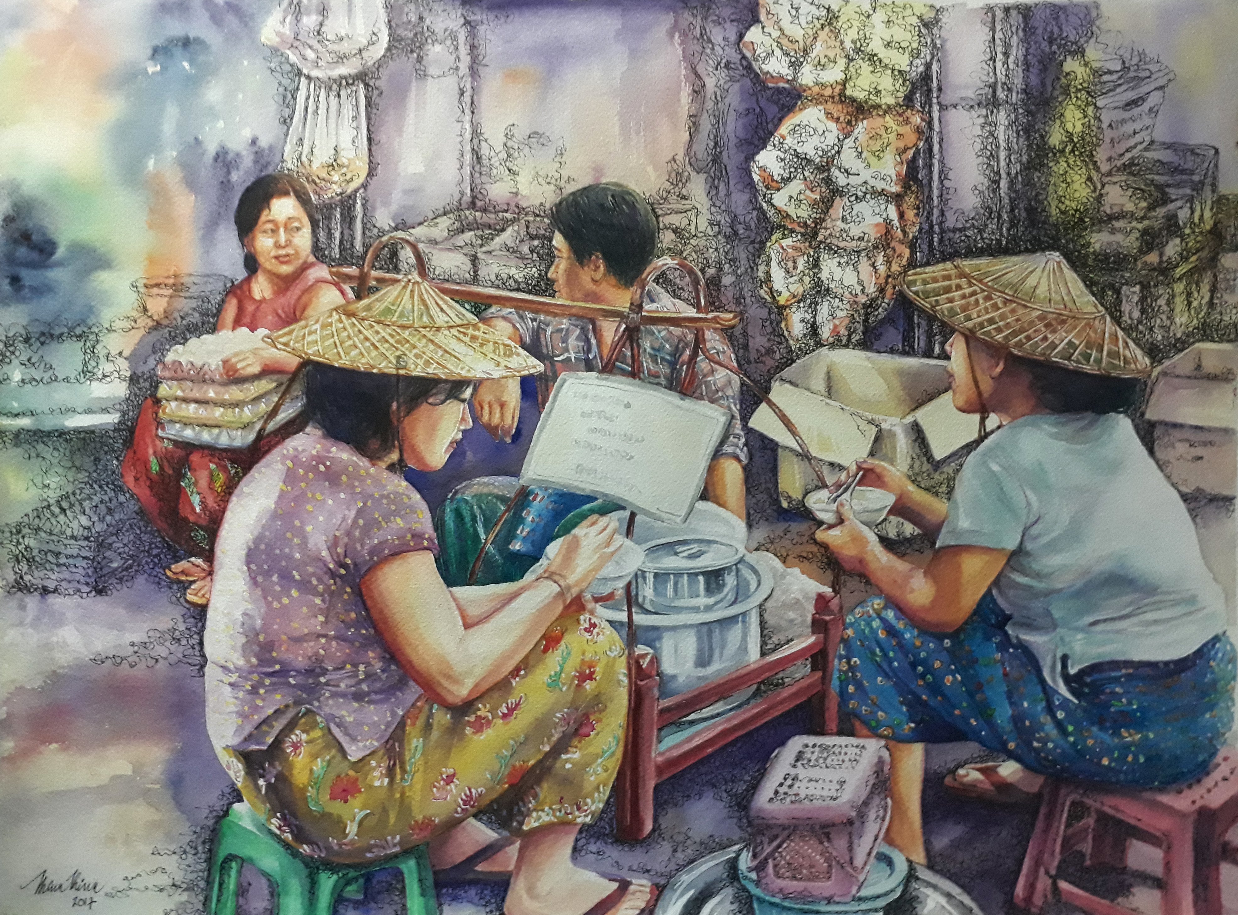 Thinn  Thinn; Breakfast At Market, 2018, Original Watercolor, 24 x 18 inches. Artwork description: 241 people, market, shop...