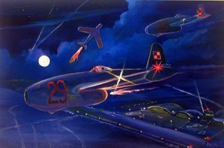 Marcin Regulski; The First Jet Crafts, 2005, Original Painting Oil, 120 x 80 cm. Artwork description: 241  aEURoeThe first Jet craftsaEURDecember 1950. A pair of Polish Jaks in the flight in groups on one of the military airports moment before a disperse maneuver preceding the entering the circle. The Soviet Mig- aEURtm15 is coming dangerously nearer from East. The pilot of Mig makes ...