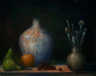 Fred Marsh; Models And Tools  A Still Life, 2010, Original Painting Oil, 20 x 16 inches. Artwork description: 241  The models are ready to start the still life of pears, orange, grapes & a vase   ...