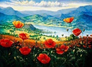 Fred Marsh; Poppies At The River , 2007, Original Painting Oil, 34 x 28 inches. Artwork description: 241  Wild Poppies view the river as it rolls by.  ...