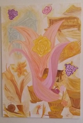 Menno Willemse; Springtime Melody, 2016, Original Painting Oil, 59.5 x 84 cm. Artwork description: 241  Flower, bulb, garden, spring, grapes, fruits, roses, bench, surreal, unique, dream, apple, melody, chorus. ...