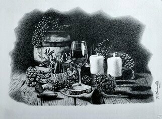 Francesco Marinelli; Wiune The King, 2021, Original Drawing Charcoal, 480 x 330 mm. Artwork description: 241 wine deserve a drawing...