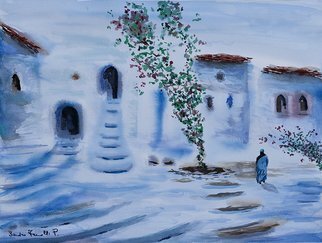 Sandro Frinolli Puzzilli; Mystery Blue, 2019, Original Watercolor, 70 x 50 cm. Artwork description: 241 This work was made during a trip to Morocco in the village of Chefchaouen with the technique of watercolors on cotton paper...