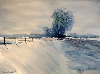 Sandro Frinolli Puzzilli; Winter Morning, 2019, Original Watercolor, 61 x 46 cm. Artwork description: 241 This work is made with the technique of watercolors on cotton paper and represents an imaginary scene of a snowy landscape in the morning...
