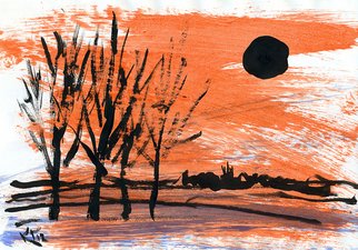 Galina  Kara; Version 2 Orange A Hike, 2012, Original Paper,   cm. Artwork description: 241  graphic landscape trees sun moon black fantasy orange symbolism tension danger acrylic paper ...