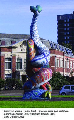 Gary Drostle; The De Luci Fish Mosaic S..., 2006, Original Mosaic,   inches. Artwork description: 241  25 foot high glass mosaic encrusted sculpture for the entrance rotary for Erith in Kent, UK. The award winning sculpture represents the history and future of the area. ...