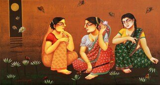Gautam Mukherjee; Gossip Radha, 2023, Original Painting Acrylic, 56 x 30 inches. Artwork description: 241 Radhika is sitting with Krishna s flute, her companions are talking to Radha about Krishna. Radha listens to it very attentively sitting on the edge of a pond...