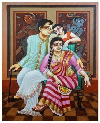 Gautam Mukherjee; Happy Family, 2019, Original Painting Acrylic, 48 x 60 inches. Artwork description: 241 indianart contemporaryart modernart jaminiroy artforsale...