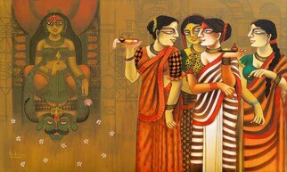 Gautam Mukherjee; Indian Festival, 2023, Original Painting Acrylic, 60 x 36 inches. Artwork description: 241 It is a very touching thing that women play vermilion in the puja of Goddess Durga Mata India...