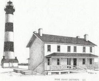 Glen Braden; Bodie Island Lighthouse, 2001, Original Drawing Pen, 13 x 10 inches. Artwork description: 241 Bodie Island Lighthouse located on the Outerbanks in North Carolina. The original is sold but framed double- matted prints are available. ...