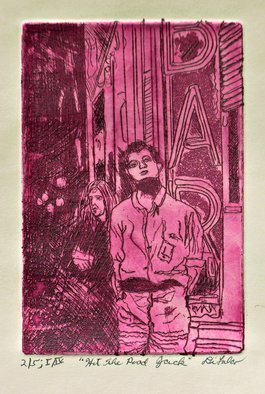 Jerry  Di Falco, 'Hit The Road Jack', 2021, original Printmaking Etching, 10 x 13  x 0.5 inches. Artwork description: 1911 Jerry DiFalco created this intaglio and aquatint etching using a zinc plate that was etched in several baths of nitric acid.  It is from the First Edition of Four Editions, and each edition is limited to only five etchings.  The work depicts Jack Kerouac and a friend ...