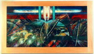 Gian Michael Merlevede; Message From Eden, 1996, Original Painting Acrylic, 96 x 56 cm. Artwork description: 241 The painting Message from Edenshows a composition unifying two distinct zones.a) The upper zone refers to the supernatural; the heavenly realm. The kind of porch with pillars gives entry to a wide panorama. The two columns ( like angelcherubs) in the very centre lead to the ...