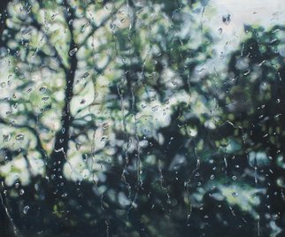 Sarah Beth Goncarova; Rain Drops On Studio Window, 2011, Original Painting Acrylic, 36 x 30 inches. Artwork description: 241  This painting was inspired by the rain I wanted to freeze a moment in time and how the raindrops on my studio window looked in that single second. In each raindrop is a warped mirror image of the trees beyond, sometimes so tiny that it is just ...