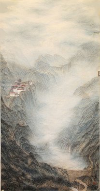 Grace Auyeung; Retreat, 2012, Original Painting Other, 69 x 138 cm. Artwork description: 241 MENTAL PORTRAYAL OF A LANDSCAPE DEPICTING A MONASTERY, A SPIRITUAL SYMBOL FOR THE MUNDANE  CHINESE INK, COLOUR ON XUAN PAPER...