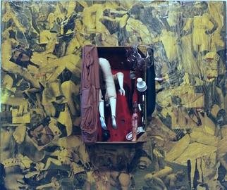 Greg Nuttall; Weightlessness, 2001, Original Assemblage, 30 x 20 inches. Artwork description: 241 acrylic, enamel, doll, palstic, oil, metal on wood, paper...
