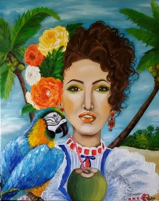 Helen Bellart; Caribbean Woman , 2015, Original Painting Oil, 65 x 81 cm. Artwork description: 241  caribbean girl, caribe, beach, parrot lady, woman, figurative, contemporary art, artwork,        Original painting - Format: 73cmx 60cm - oil on canvas, stretched on a wooden frame - The work is signed on the front and back. - Sealed with protective lacquer. The painting is a beautiful piece of painter Helen Bellart ...