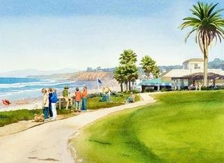 Mary Helmreich; Winter Walk Del Mar By Ma..., 2006, Original Watercolor, 30 x 24 inches. Artwork description: 241 Ocean scene with families on a promenade alongside a lawn with palm trees. Jake' s restaurant and Del Mar community gazebo. Painted in watercolor on 100% Rag D' Arches paper, museum quality matted and framed. Green and Blue predominant.For my other originals and museum ...