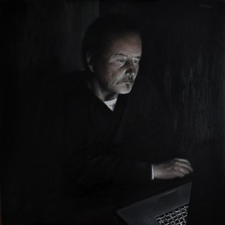 Matthew Hickey; Screen Time: Uncle Pat, 2013, Original Painting Oil, 39 x 39 inches. Artwork description: 241  Levittown legend Pat Connolly absorbed by Cat Stevens footage in a Slate Lane kitchen.  ...