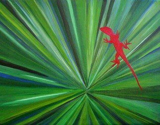 Anne-Marie Landry; Shadows, 2015, Original Painting Acrylic, 20 x 16 inches. Artwork description: 241   green, light, rays, burst, red, lizard, shadow  ...