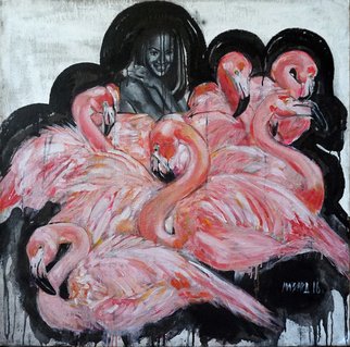 Elizaveta Mikhalitcyna; Flamingos, 2016, Original Painting Other, 100 x 100 cm. Artwork description: 241 Image inspired by pop culture and street artnaomi campbell surrounded by pink flamingosthe embodiment of beauty. Acrylic, Tempera and Marker on Canvas. ...