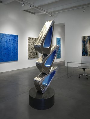 Hunter Brown; Cascade Ii, 2019, Original Sculpture Steel, 40 x 96 inches. Artwork description: 241 Modern sculpture design with an art deco feel, constructed in 316 grade stainless steel, with contrasting brush patterns and blue automotive accent on the interior planes. ...