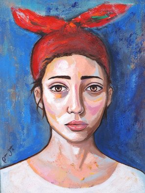 Daniel Jaen; Upset Girl With Red Kerchief, 2015, Original Painting Oil, 40 x 50 cm. 