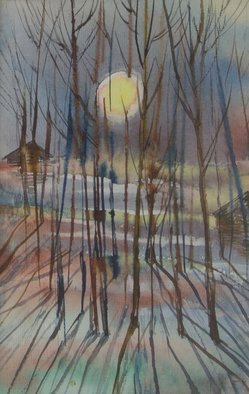 Irina Maiboroda; Cold Sun Of Spring, 2014, Original Watercolor, 8 x 13 cm. Artwork description: 241 countryside,  spring, sun, threes, cold, nature, village, Russia, landscape ...