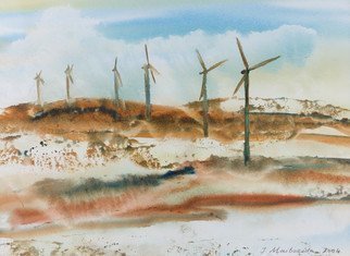 Irina Maiboroda; Dutch Landscape, 2004, Original Watercolor, 40 x 30 cm. Artwork description: 241 Netherlands, landscape, Dutch,nature, windmills,  energy, wind, watercolors  ...